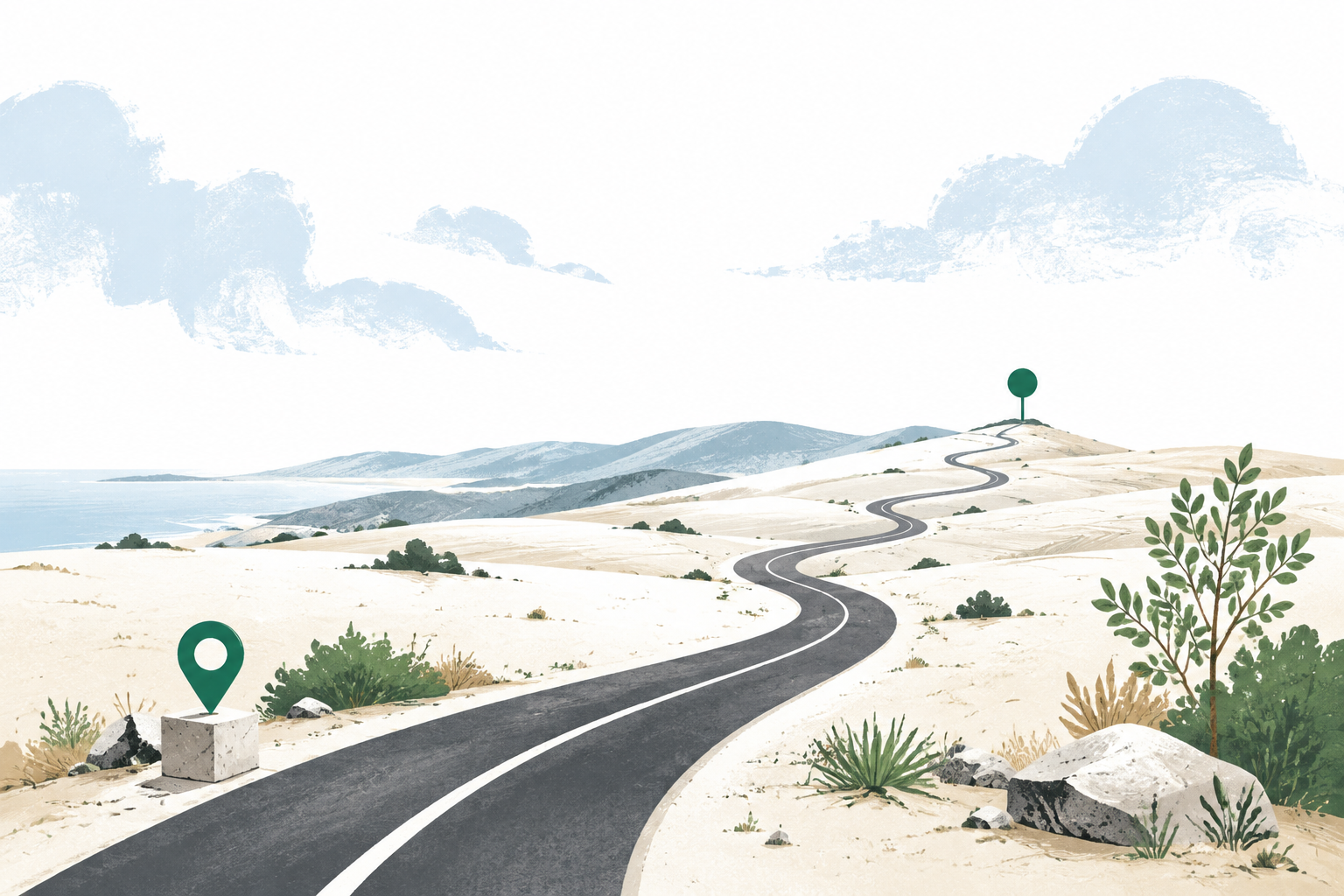 A winding road through a bright landscape toward a green destination marker